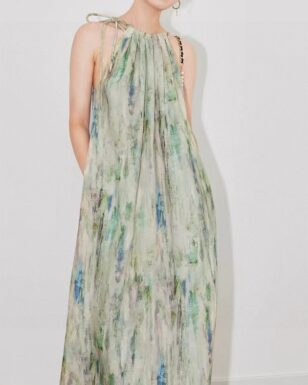 Tencel ramie rendering print holiday style slim suspender dress