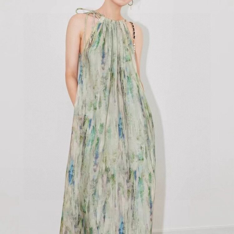 Tencel ramie rendering print holiday style slim suspender dress