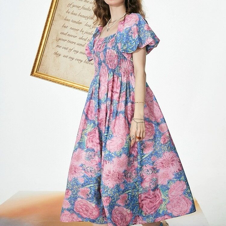 French Square Neck Puff Sleeve Floral Dress