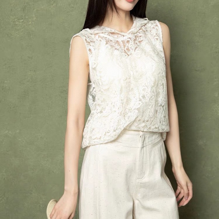 New Fashion Hooded Hollow Lace Crochet Top (30% Silk)