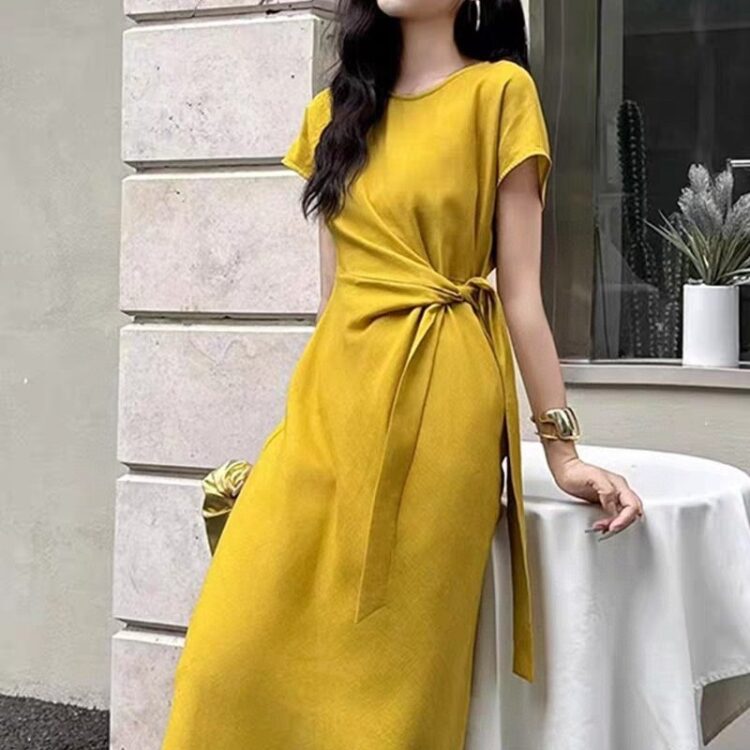 Linen French lady style belted waist dress