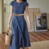 French style round neck slim dress (with belt)