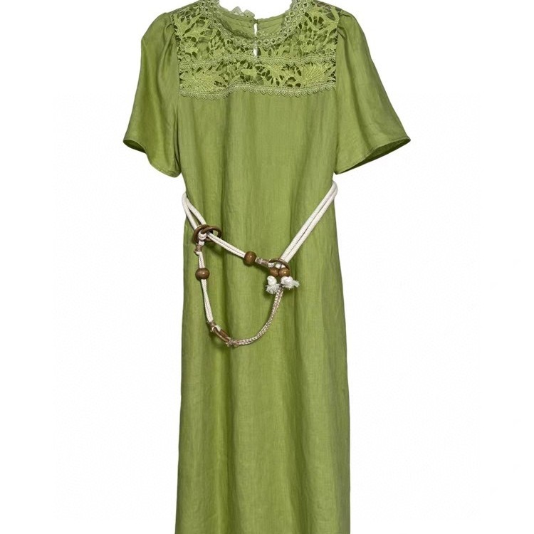 Fashion round neck short sleeve holiday style loose dress (with belt)
