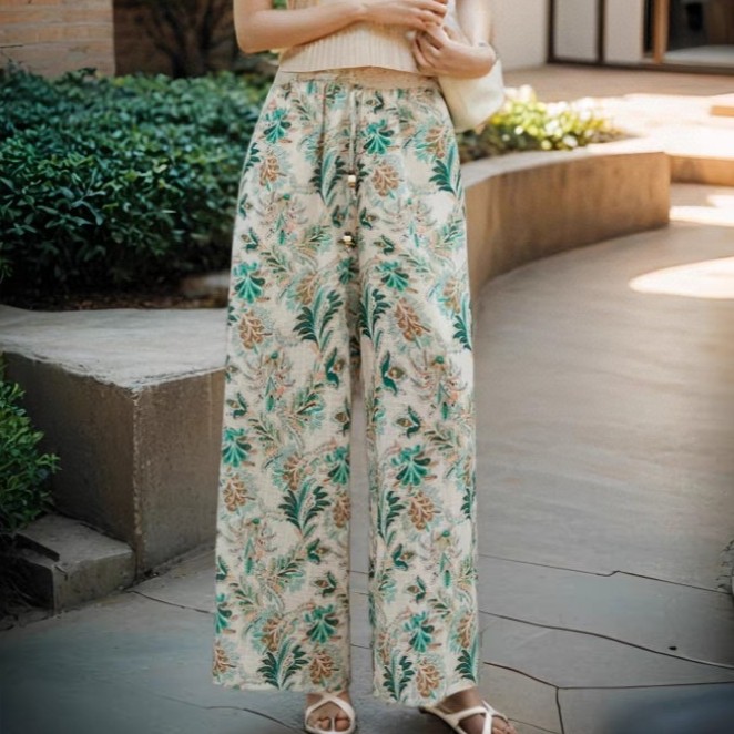 100%ramie thin sun-proof high-waisted casual pants (with waist rope)