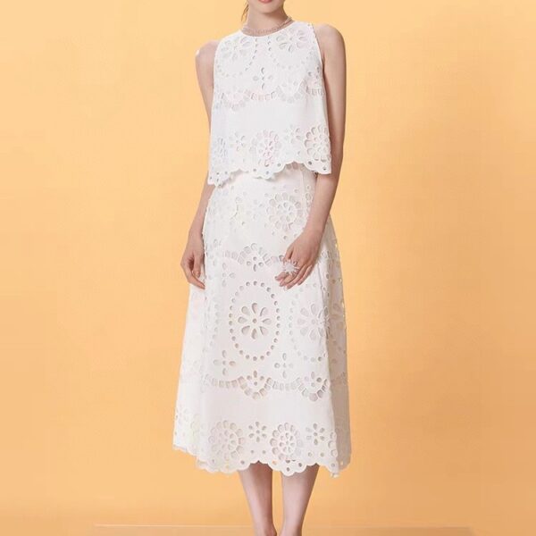 Pastoral style hollow embroidery loose drape skirt and versatile top set