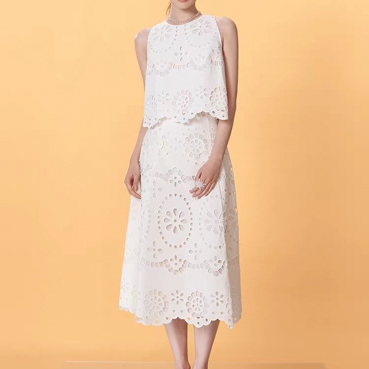 Pastoral style hollow embroidery loose drape skirt and versatile top set