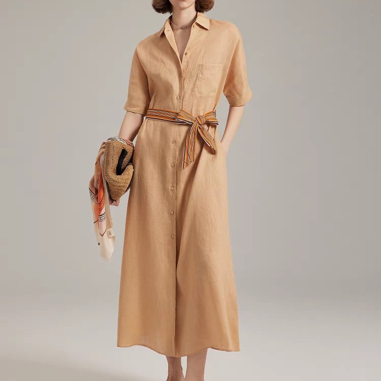 100% pure linen light luxury slim shirt dress (with belt)