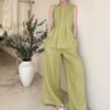 Pleated round neck sleeveless top and elastic waist wide-leg pants set