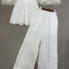 Pleated round neck sleeveless top and elastic waist wide-leg pants set