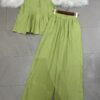 Pleated round neck sleeveless top and elastic waist wide-leg pants set