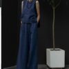 Button-back vest and stylish straight-leg pants set