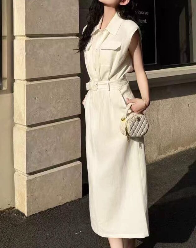 French retro style polo collar linen sleeveless shirt dress (with belt)