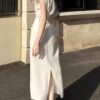 French retro style polo collar linen sleeveless shirt dress (with belt)