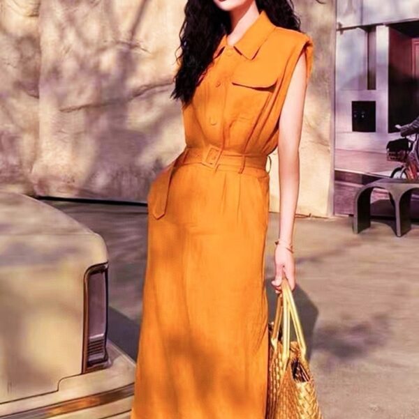 French retro style polo collar linen sleeveless shirt dress (with belt)