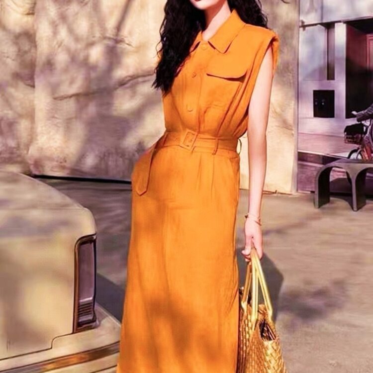 French retro style polo collar linen sleeveless shirt dress (with belt)