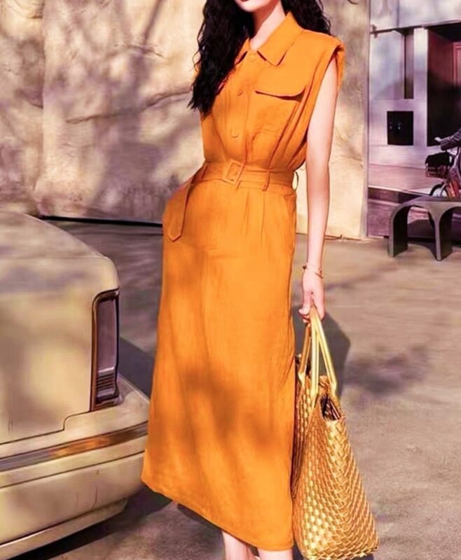 French retro style polo collar linen sleeveless shirt dress (with belt)