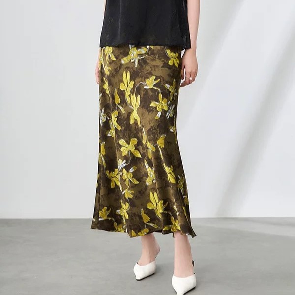 Digital Printing Elastic Waist Side Slit Skirt