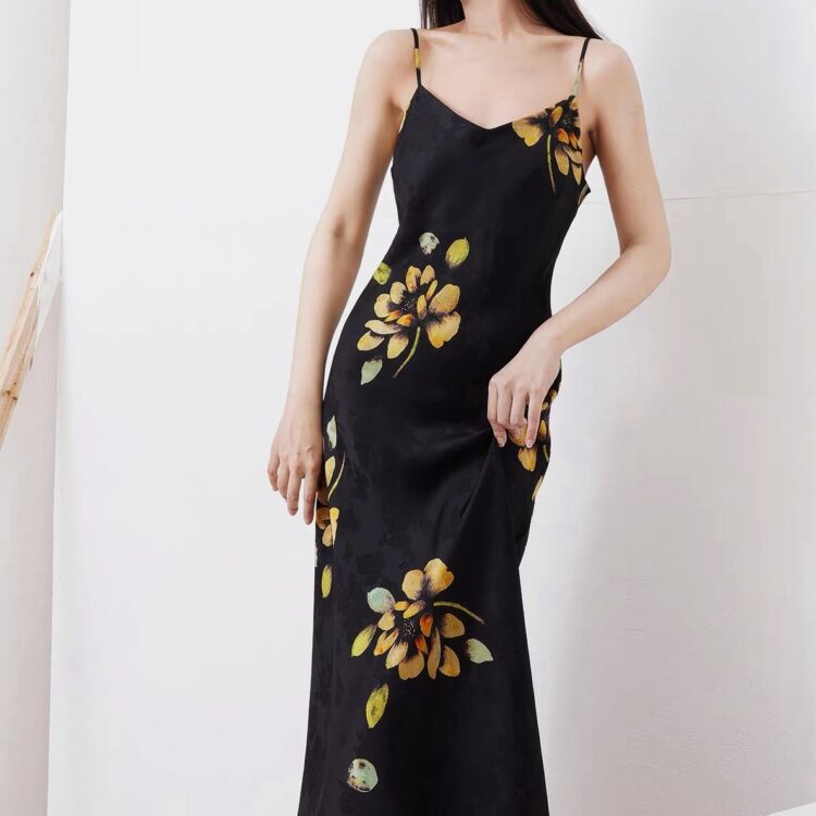 Fixed shoulder strap printed fishtail suspender dress