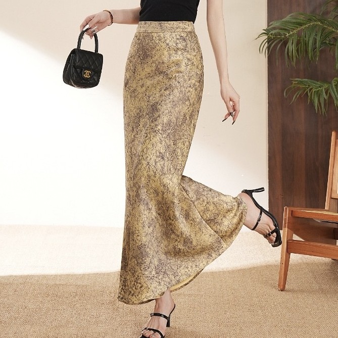 Satin printed high waist fishtail skirt