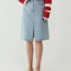 Classic high waist front slit embroidered denim skirt