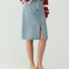 Classic high waist front slit embroidered denim skirt