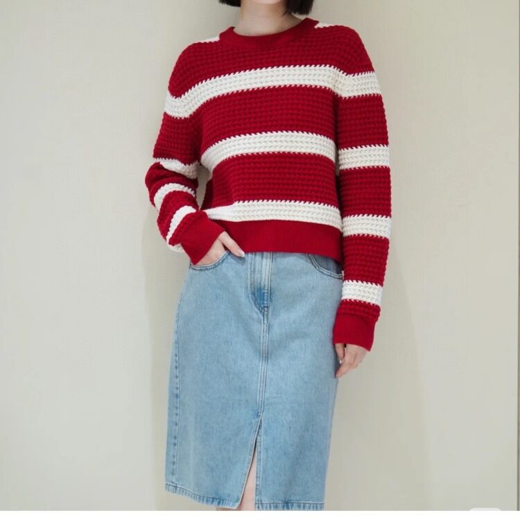 Classic high waist front slit embroidered denim skirt