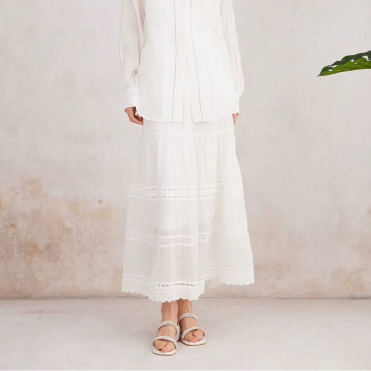 100% Ramie Elastic waist minimalist fashion all-match splicing lace skirt
