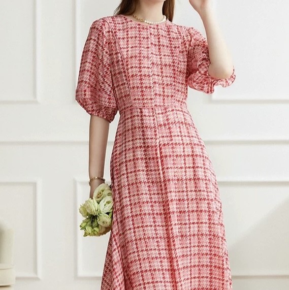 Retro plaid all-match slim dress (100% silk)