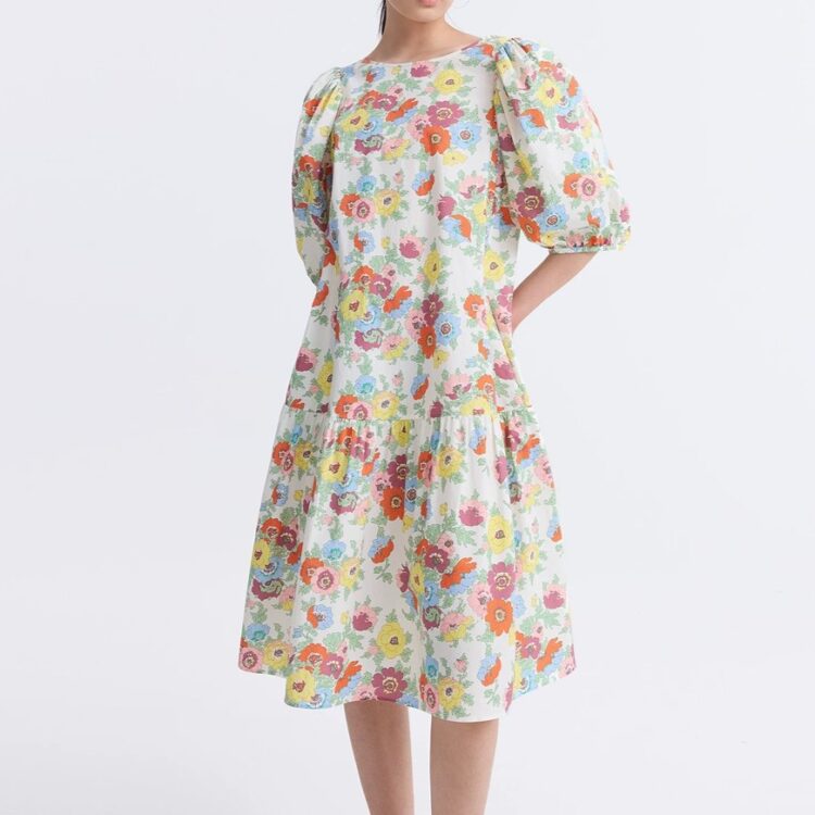 Plant Print Round Neck Pleated Short Sleeve Dress