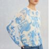 Women's linen cashmere blue and white floral print light knit sweater