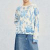 Women's linen cashmere blue and white floral print light knit sweater
