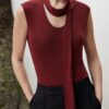 Simple solid color all-match U-neck pullover knit top(5.5% silk) (ribbon cannot be removed)