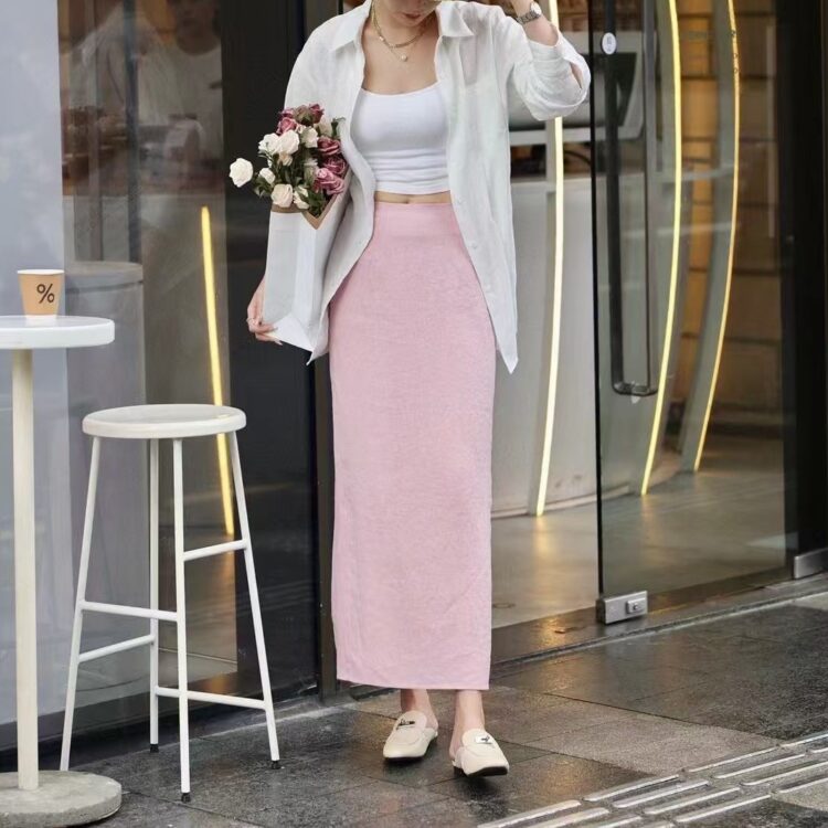 Solid color high waist slim slit skirt