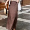 Solid color high waist slim slit skirt