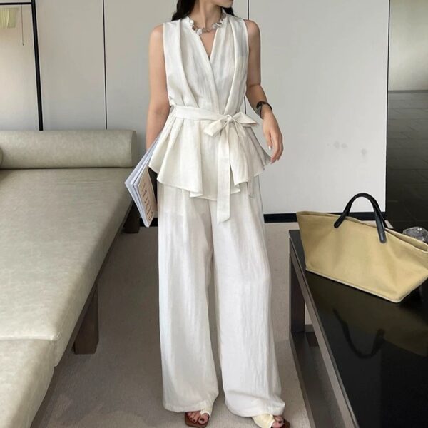 French simple tie waist top and wide-leg casual pants set