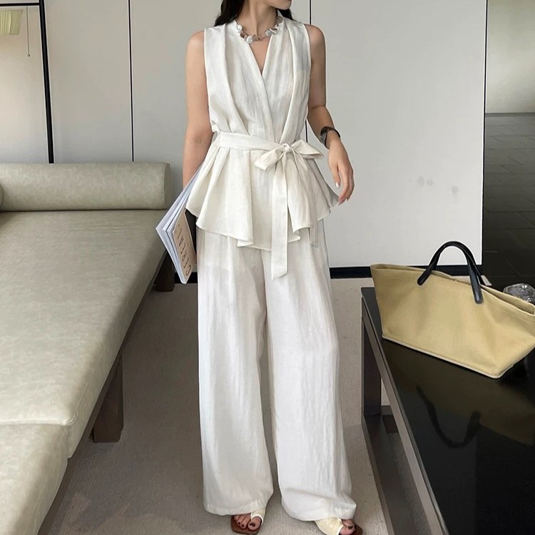 French simple tie waist top and wide-leg casual pants set