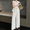 French simple tie waist top and wide-leg casual pants set