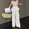 French simple tie waist top and wide-leg casual pants set