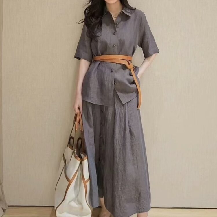 Simple single-breasted gray linen shirt and wide skirt set
