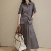 Simple single-breasted gray linen shirt and wide skirt set