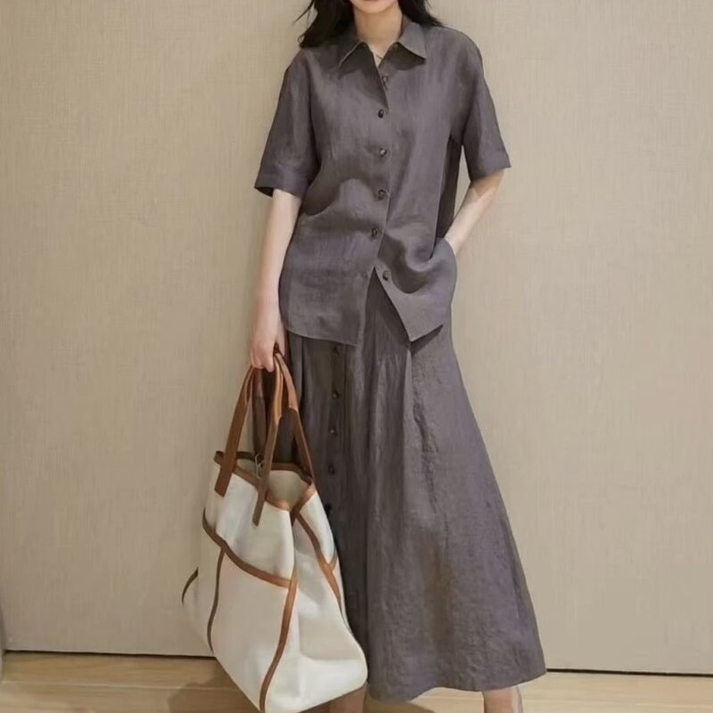 Simple single-breasted gray linen shirt and wide skirt set