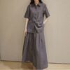 Simple single-breasted gray linen shirt and wide skirt set