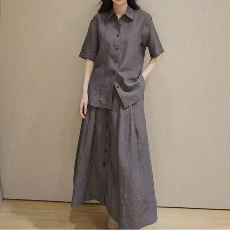 Simple single-breasted gray linen shirt and wide skirt set