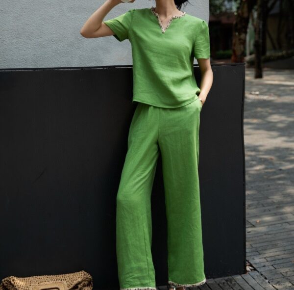 Beaded pullover top and straight loose casual pants set