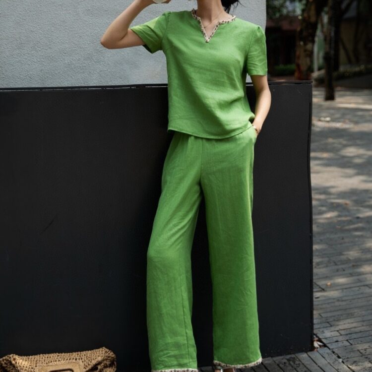 Beaded pullover top and straight loose casual pants set