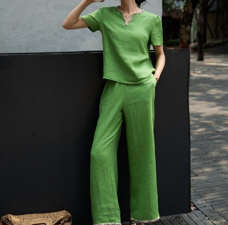 Beaded pullover top and straight loose casual pants set