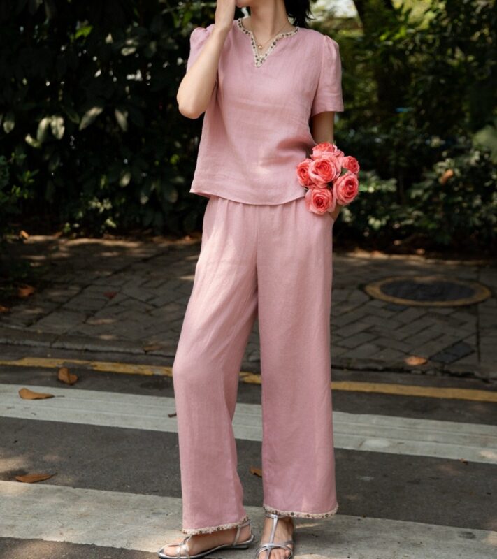 Beaded pullover top and straight loose casual pants set