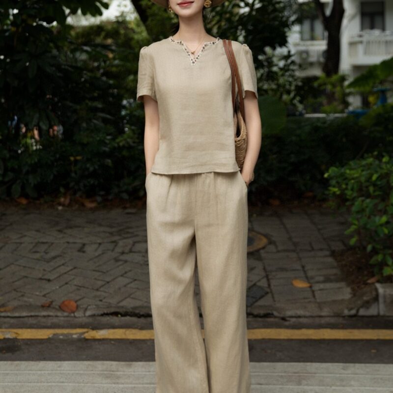 Beaded pullover top and straight loose casual pants set