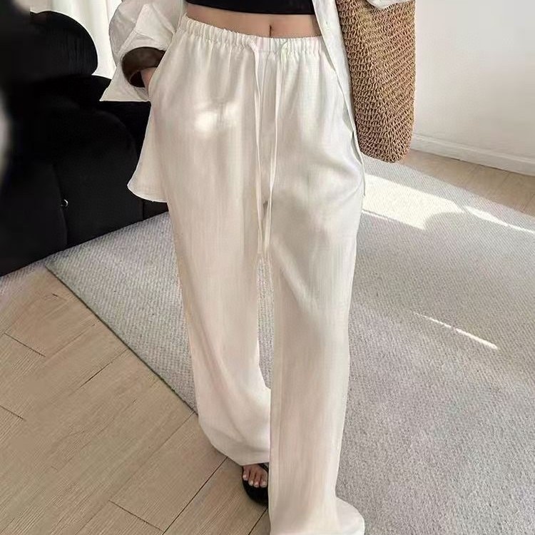 Solid color all-match elastic waist drawstring straight casual pants (with waist rope)