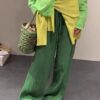 Solid color all-match elastic waist drawstring straight casual pants (with waist rope)